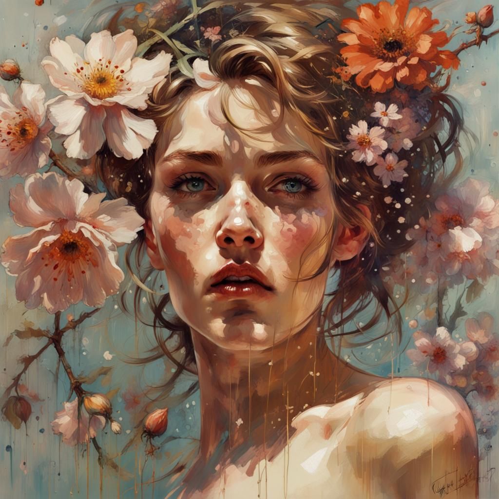Woman in Floral Shower, Hyperrealistic Close-Up