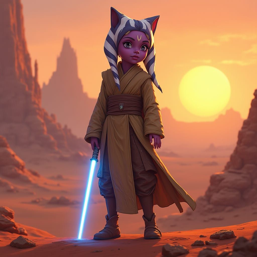 Radiant Togruta Jedi Apprentice in Sci-Fi Desert Landscape