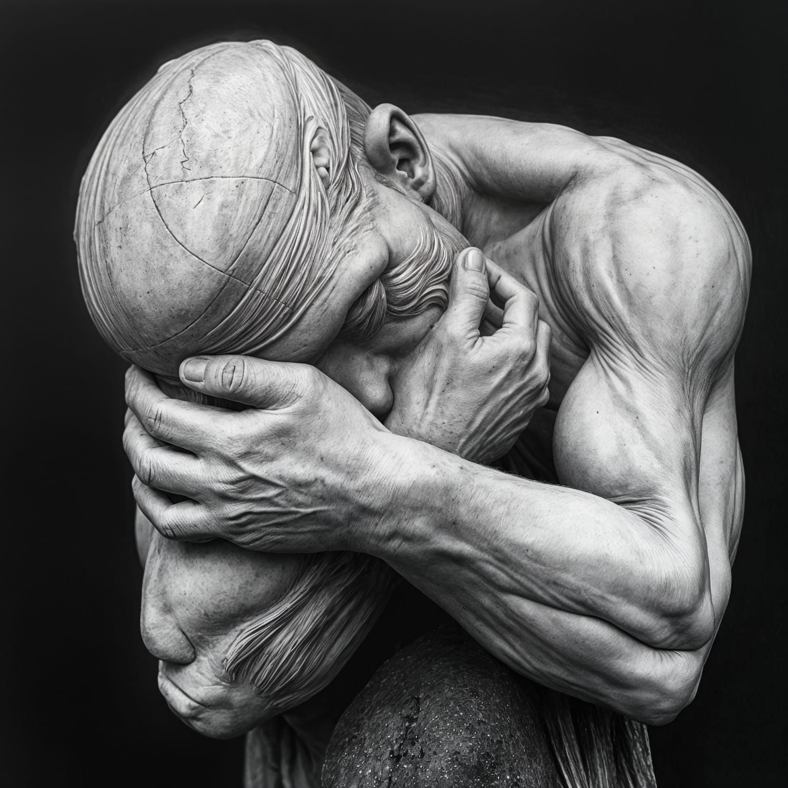 Depressed Man: Chiseled Stone Sculpture in Charcoal