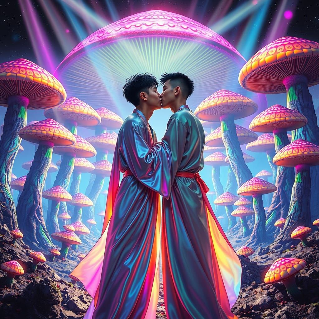 Rainbow Mushroom Forest Kiss: A Psychedelic Vision