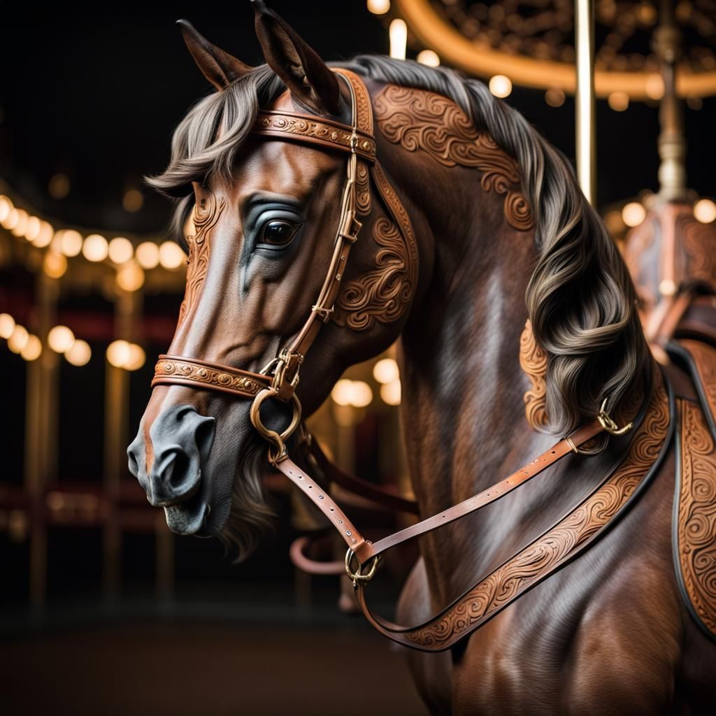 Carrousel horse, dark background, focused warm light from above, and fine intricate leather straps and poles