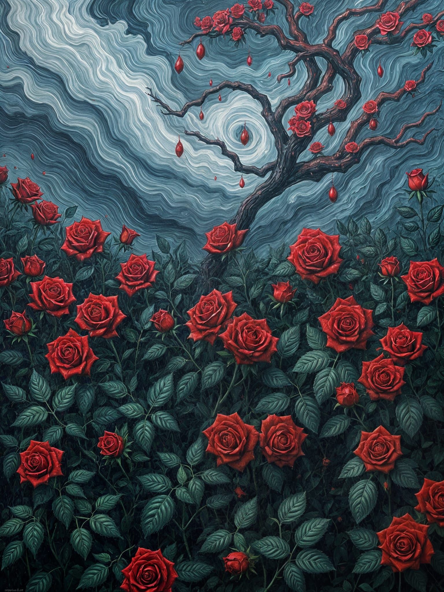 Gothic Rose Garden: An Expressionist Oil Painting