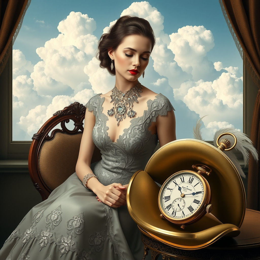 Elegant Woman with Clock in Surreal Setting
