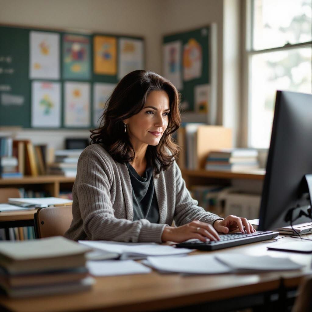 Teacher Working on Lesson Plans in Classroom