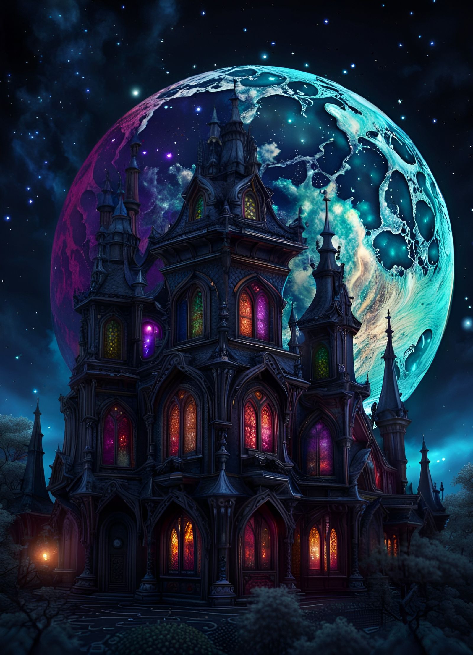 Gothic Castle Under Colorful Comet Sky