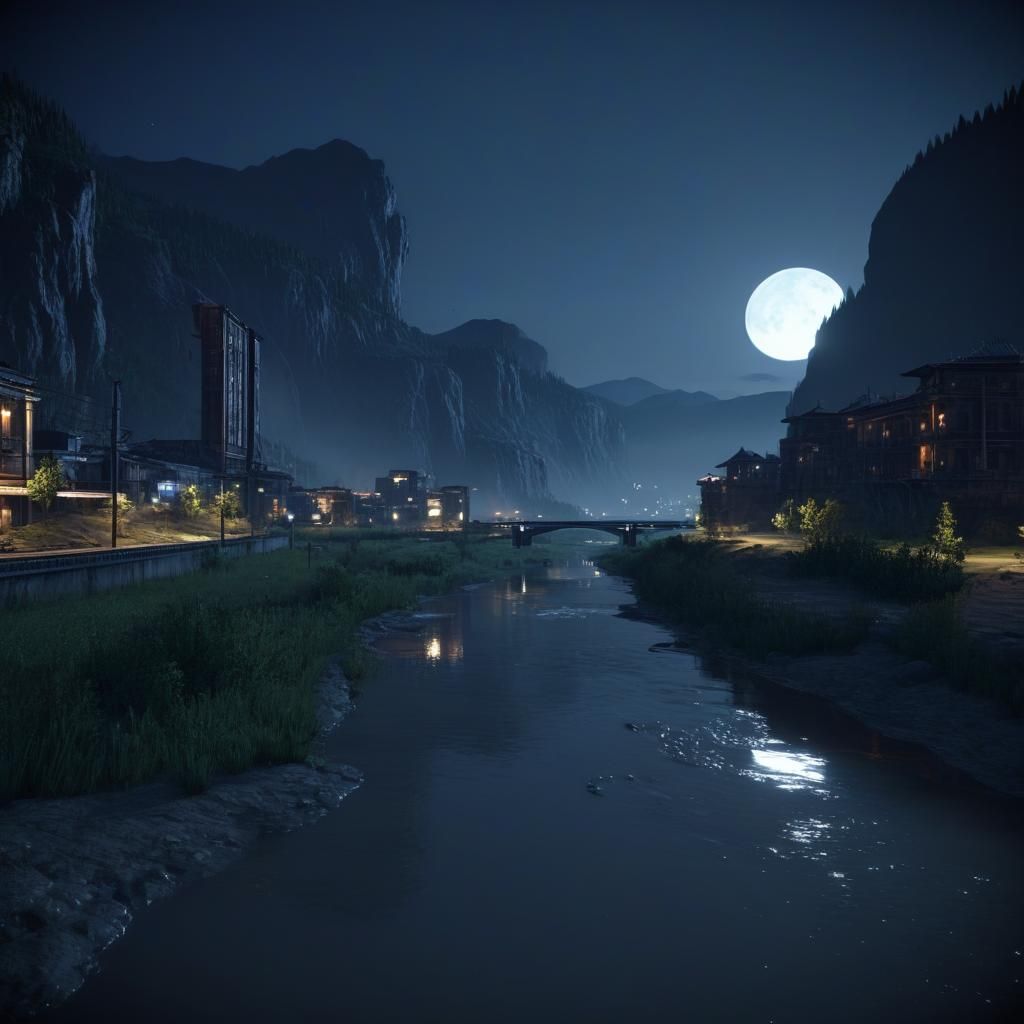 Modern City in Moonlit Valley: 3D Game Render