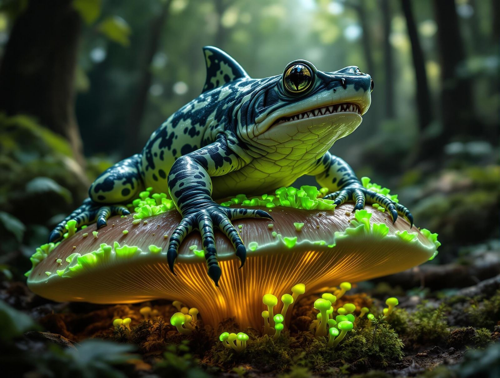 Amphibious Shark Chimera on Glowing Forest Mushroom