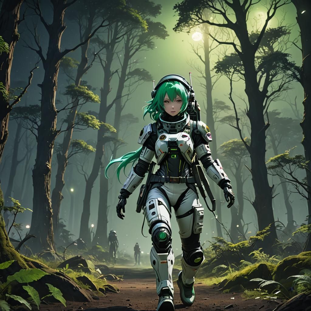Green-Haired Girl in Spacesuit by Death Forest