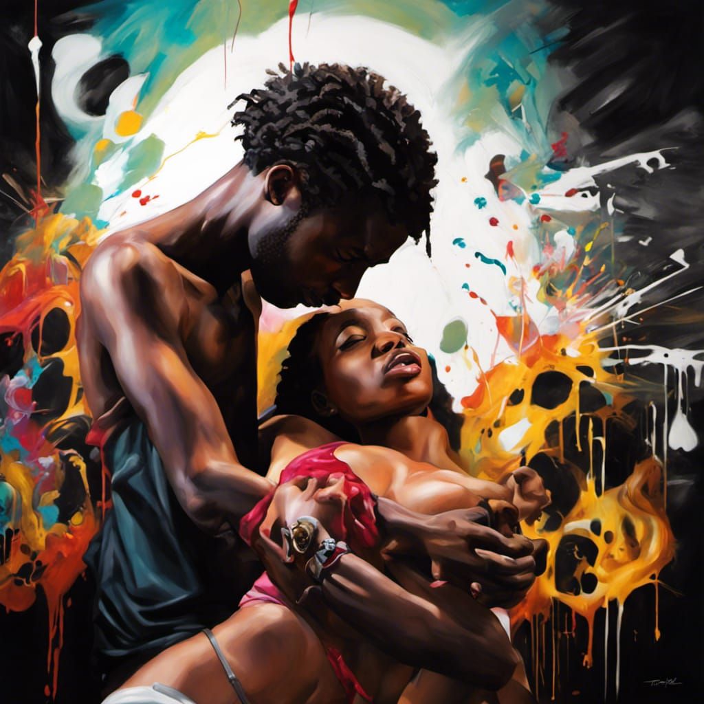 Passionate Black Lovers in Graffiti Art Style