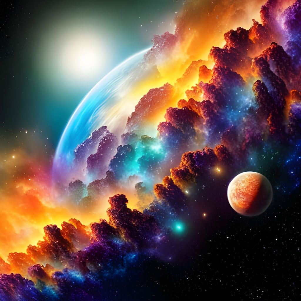 Colorful Epic Spacescape with Planets and Galaxies