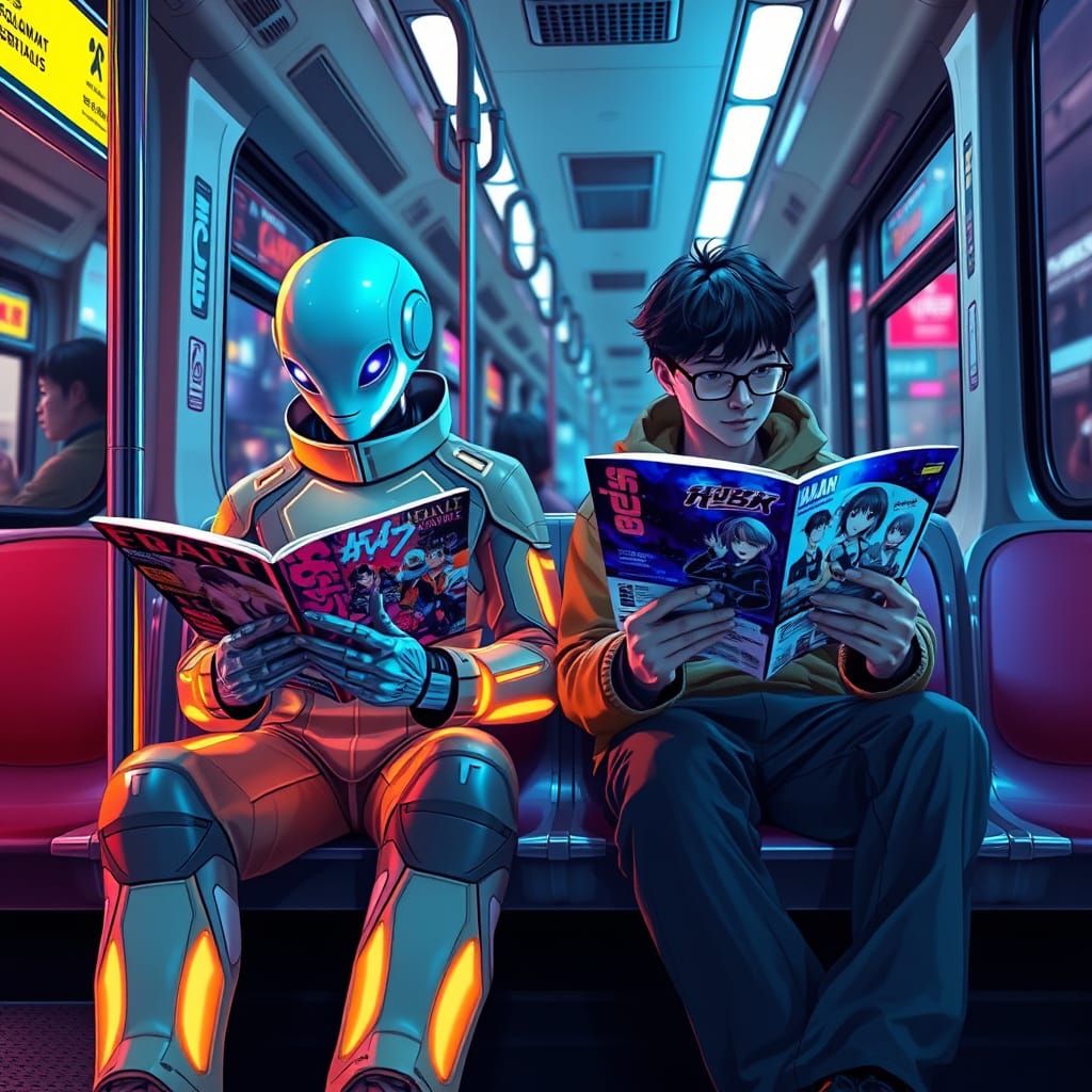 Futuristic Humanoid Reads Anime on City Bus