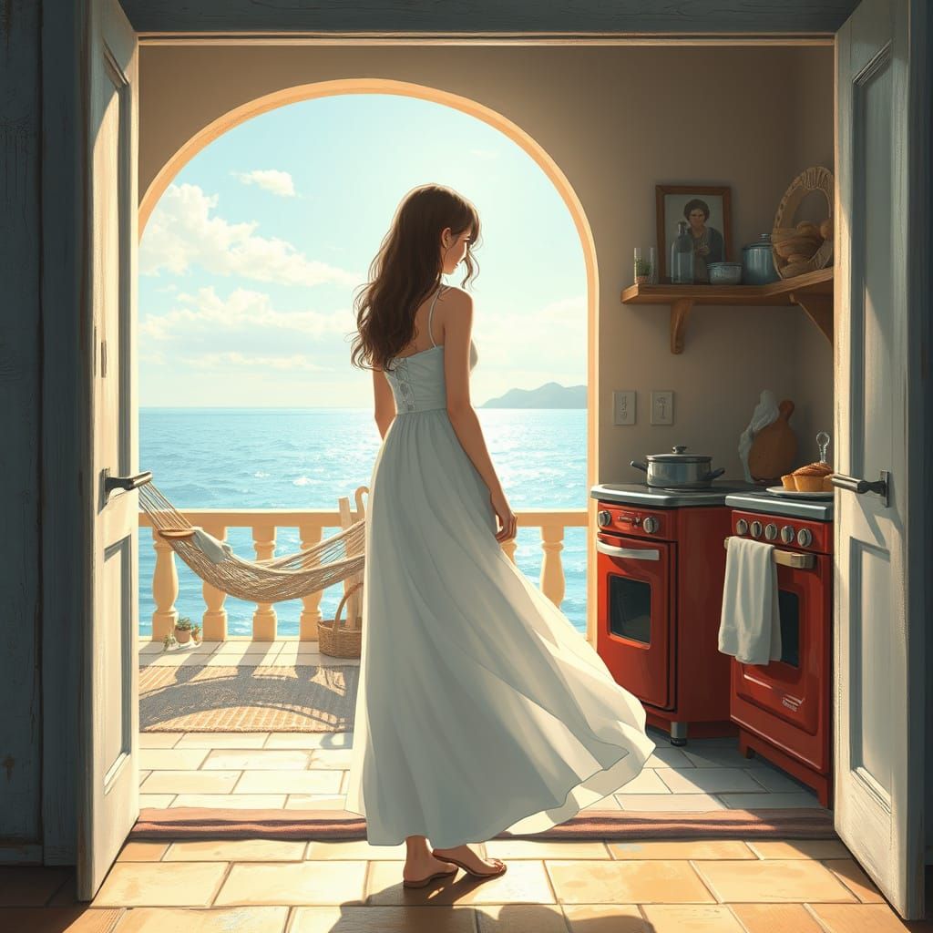 Threshold Portal to Seaside Kitchen in Painterly Style