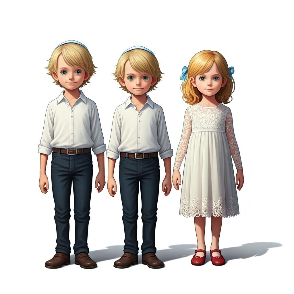 "Blonde siblings, of One Piece", a brother and sister, ages 4-5, Jewish.
The boy is dressed in an elegant white collare...