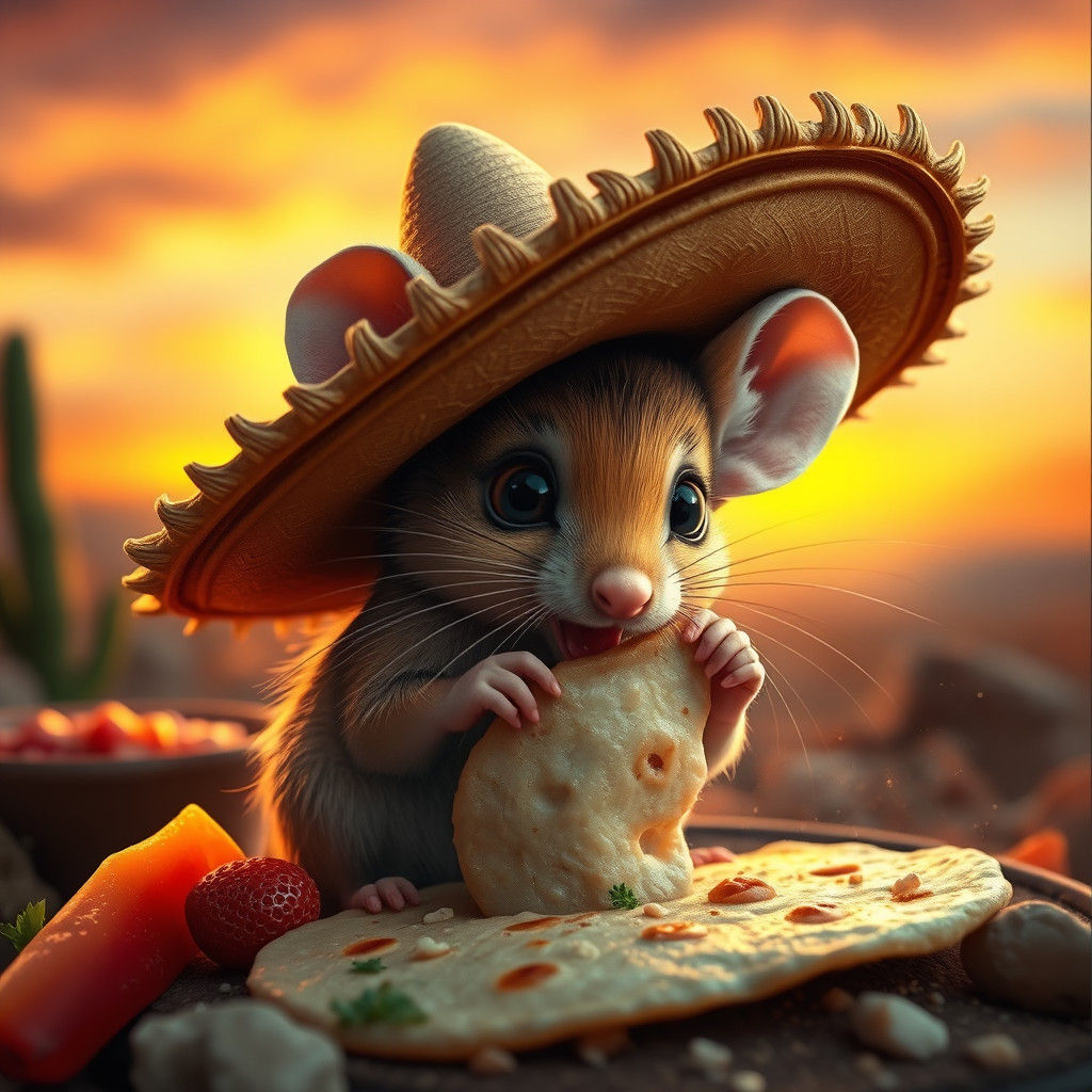 Mouse with Sombrero Eating Tortilla at Sunrise