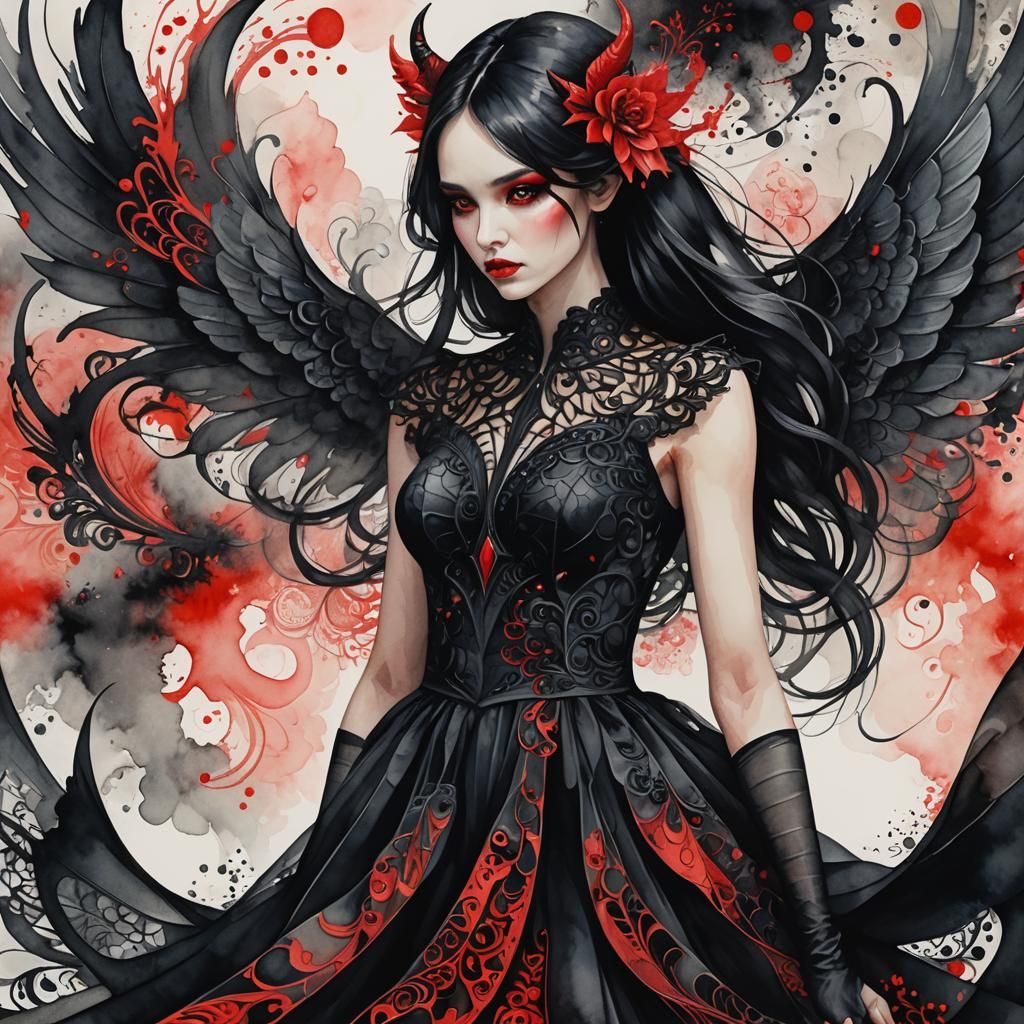 Watercolor Devil Girl with Black Wings