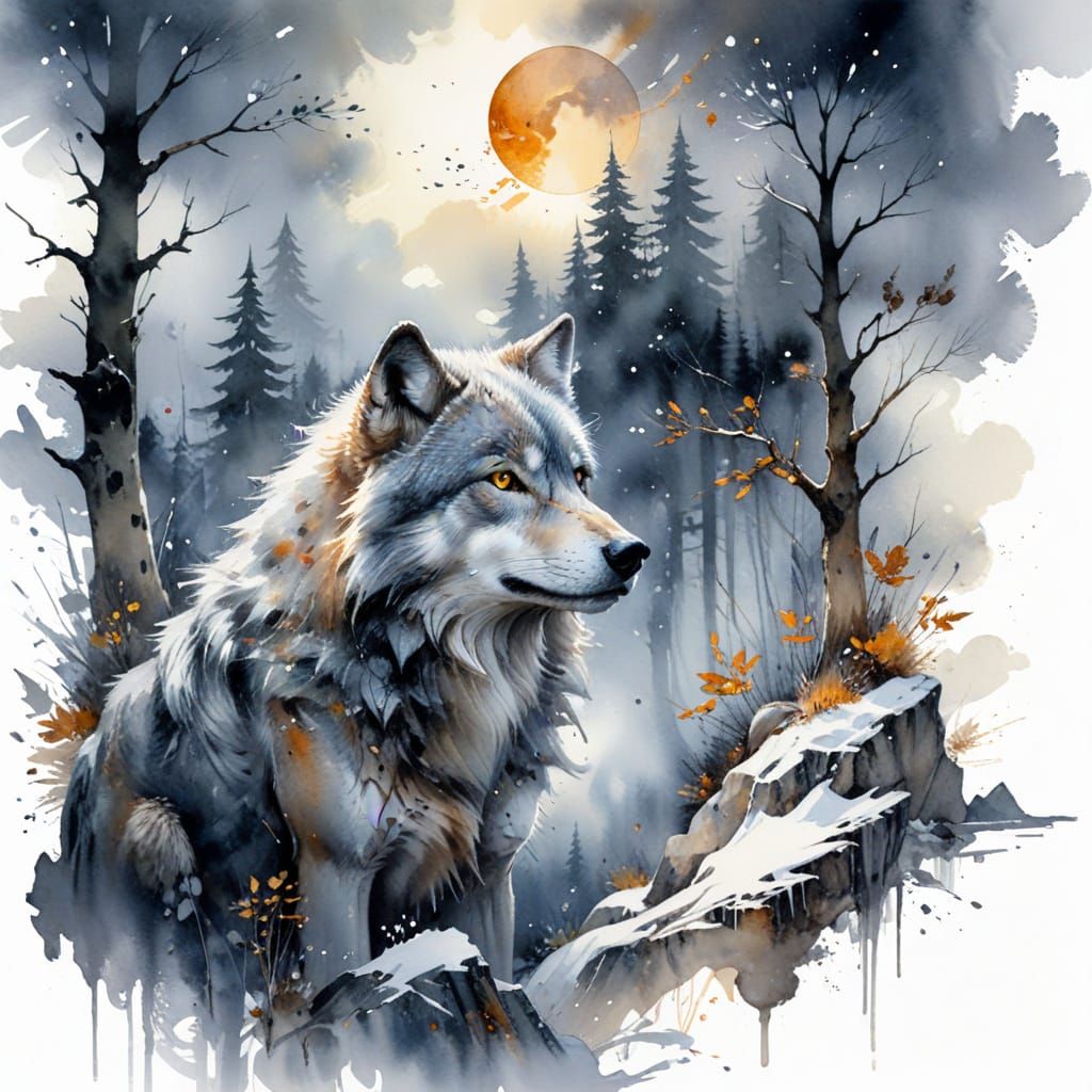 Grey Wolf Howling at Moon in Winter Wilderness