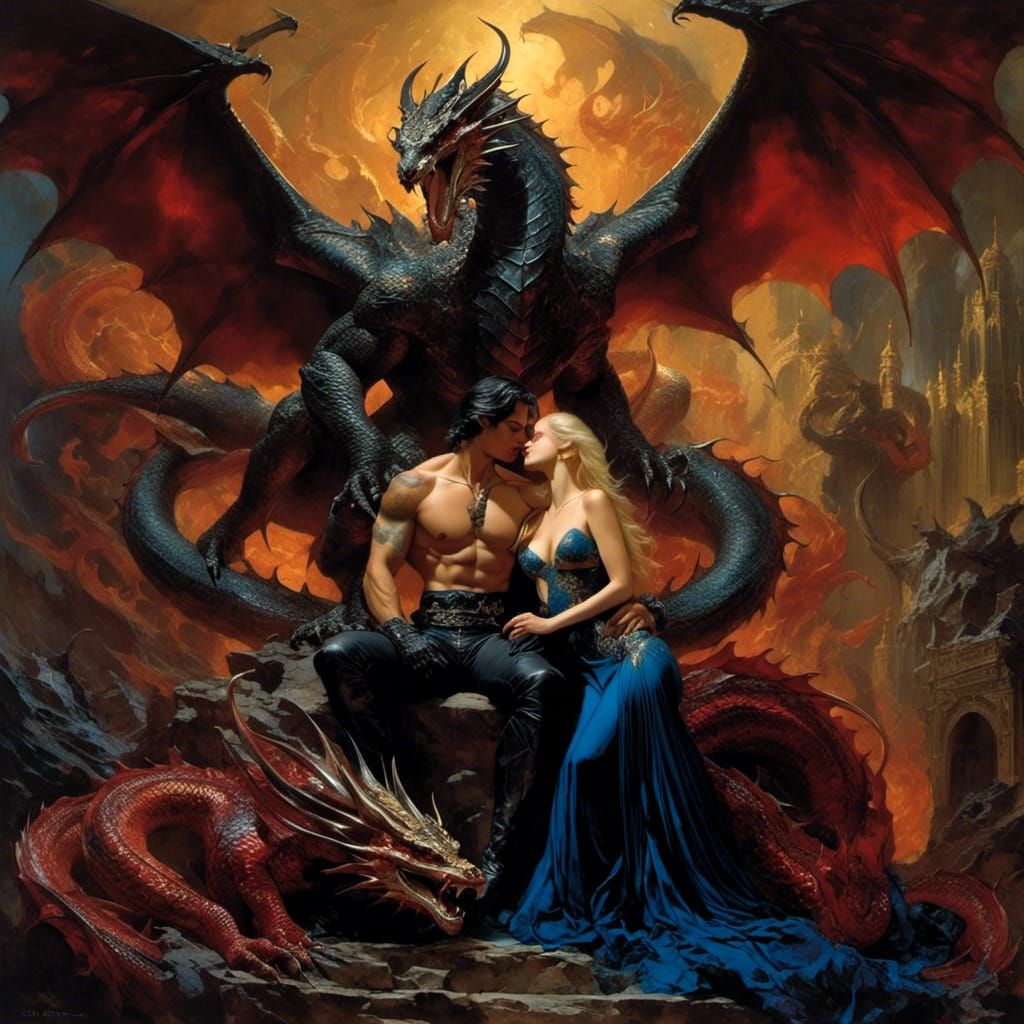Fantasy Couple with Dragons in Classic Style