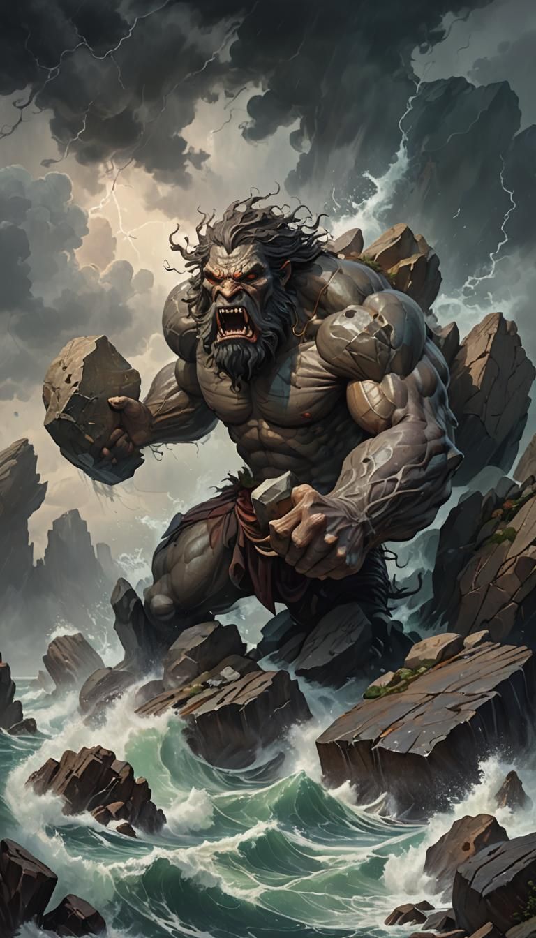 Stone giant hurling boulders at a fleeing yacht