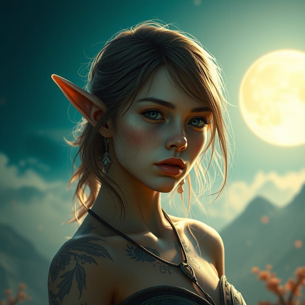 Lunar Elf with Tattoos in Hyperrealistic Digital Art