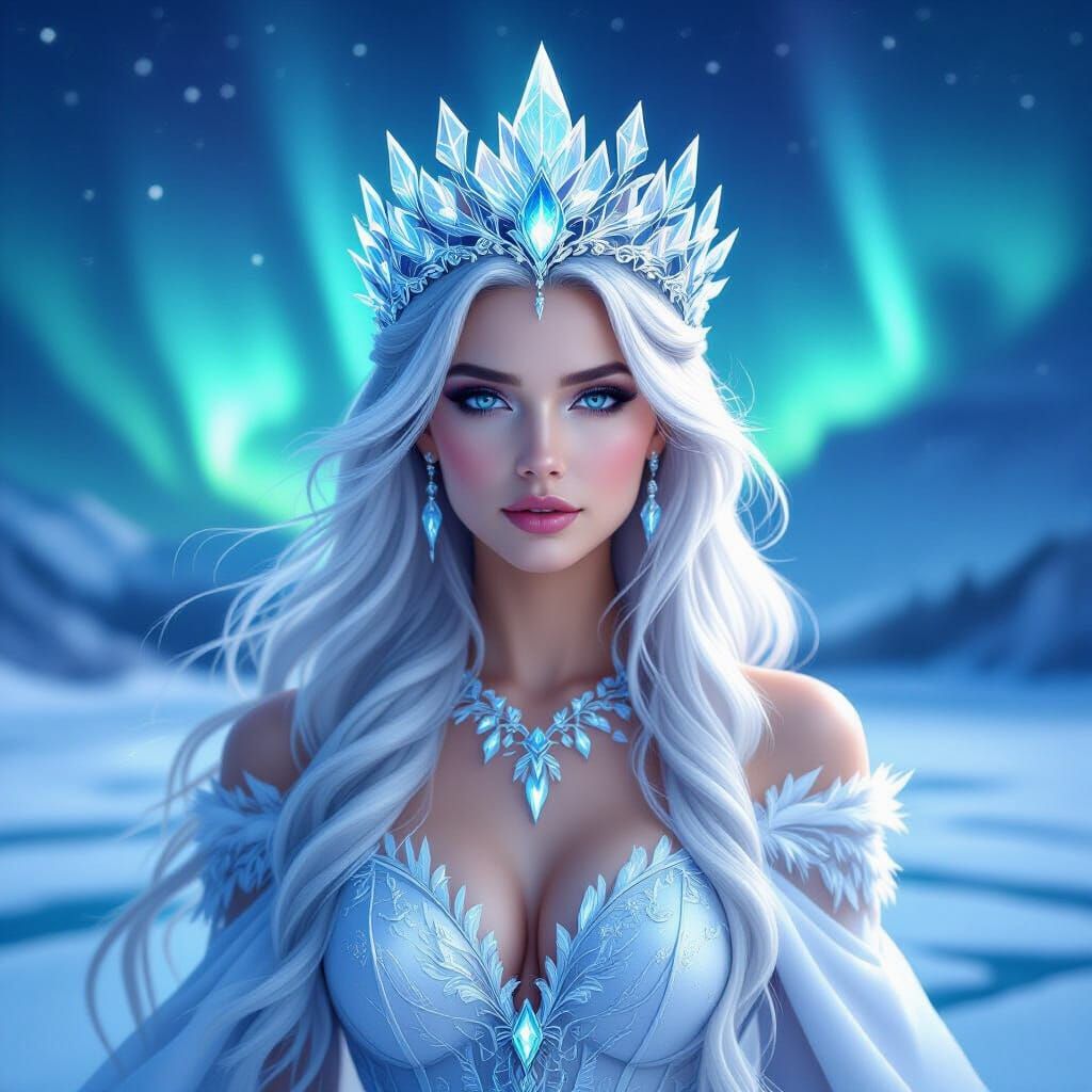 Majestic Ice Queen Under Aurora Borealis in Watercolor Style