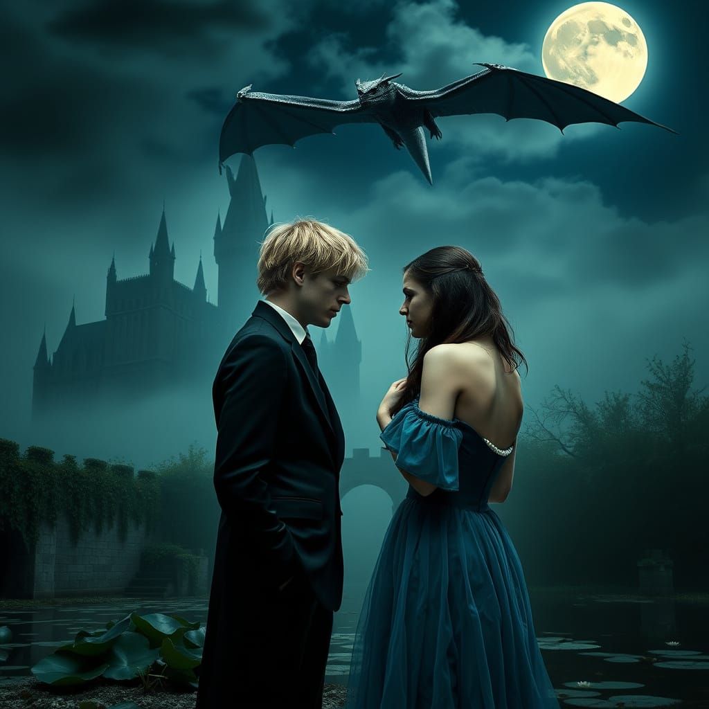 Dark Castle Under Moonlit Skies with Dragon and Star-Crossed...