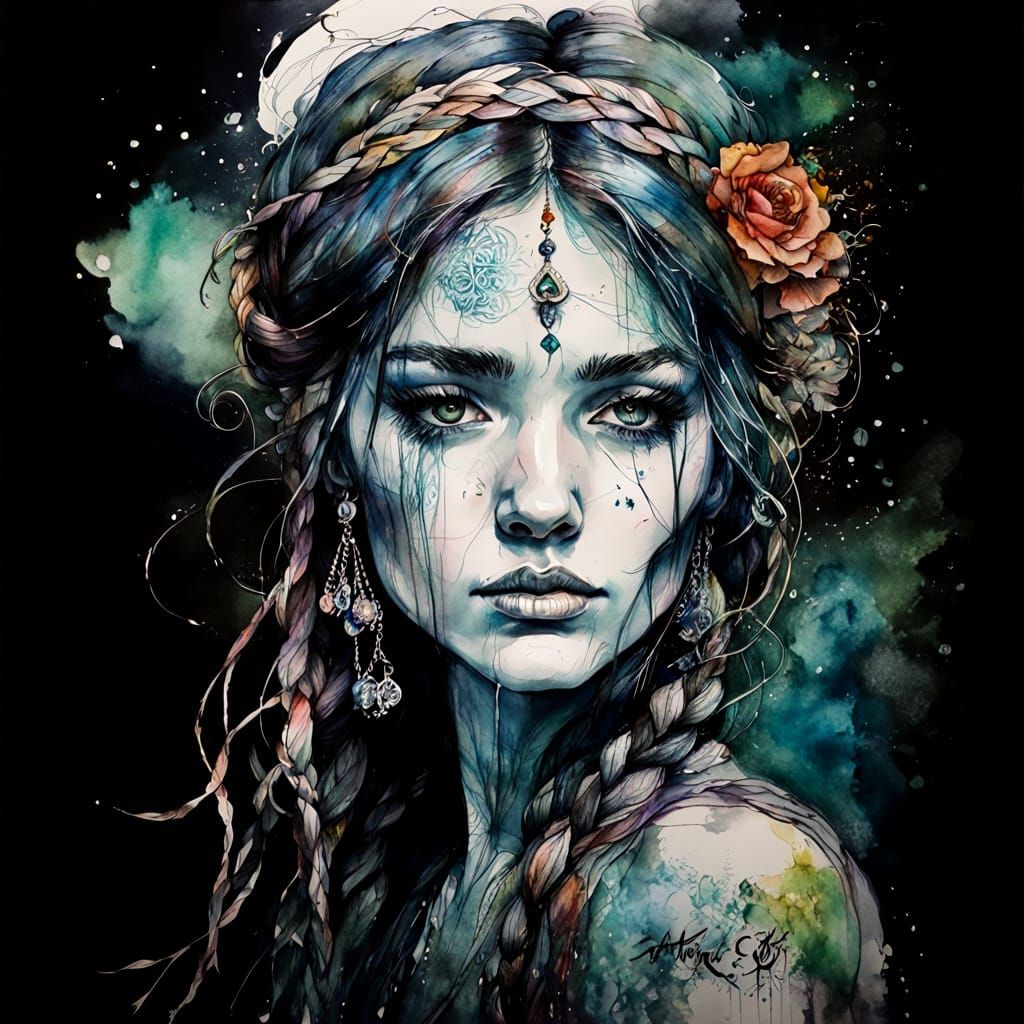 Dreamy Gypsy Fortuneteller Portrait in Watercolor Style