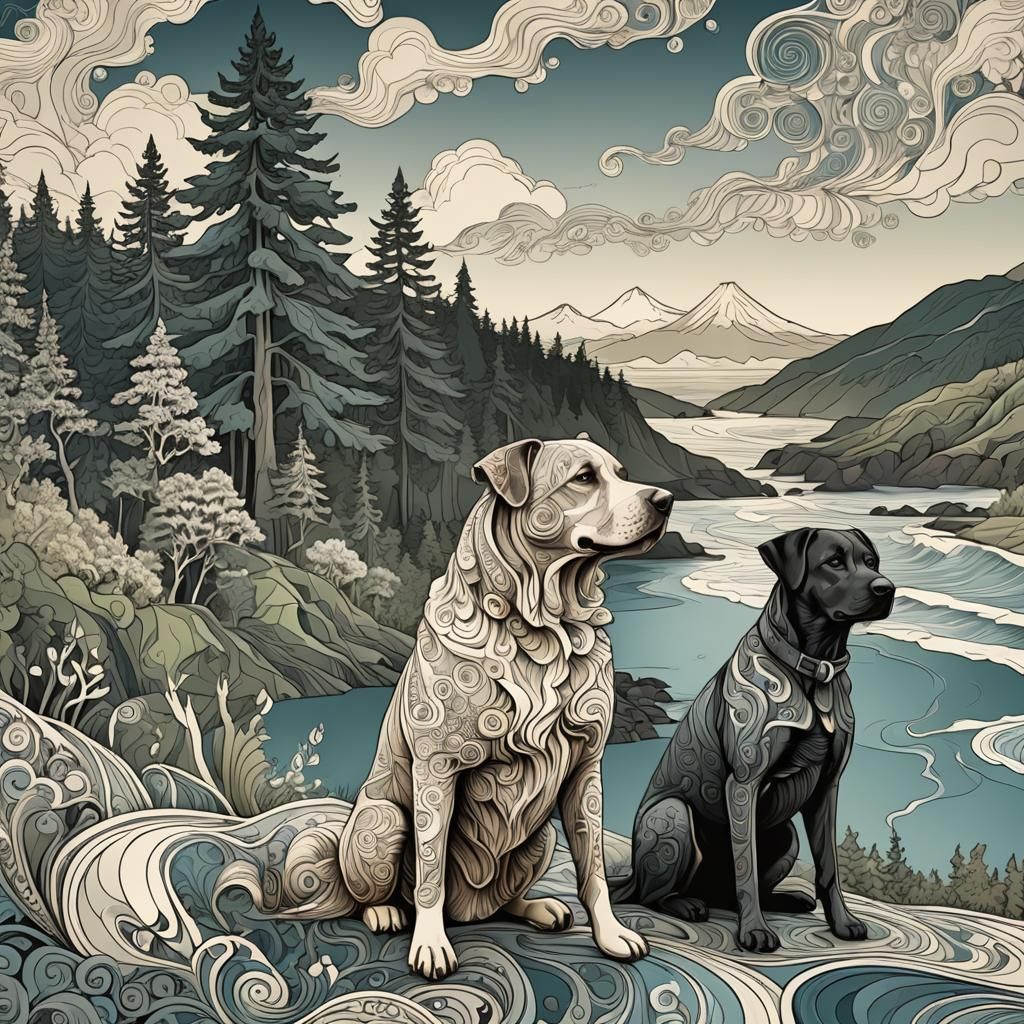 Dog and Owner in Pacific Northwest: Abstract Vector Art