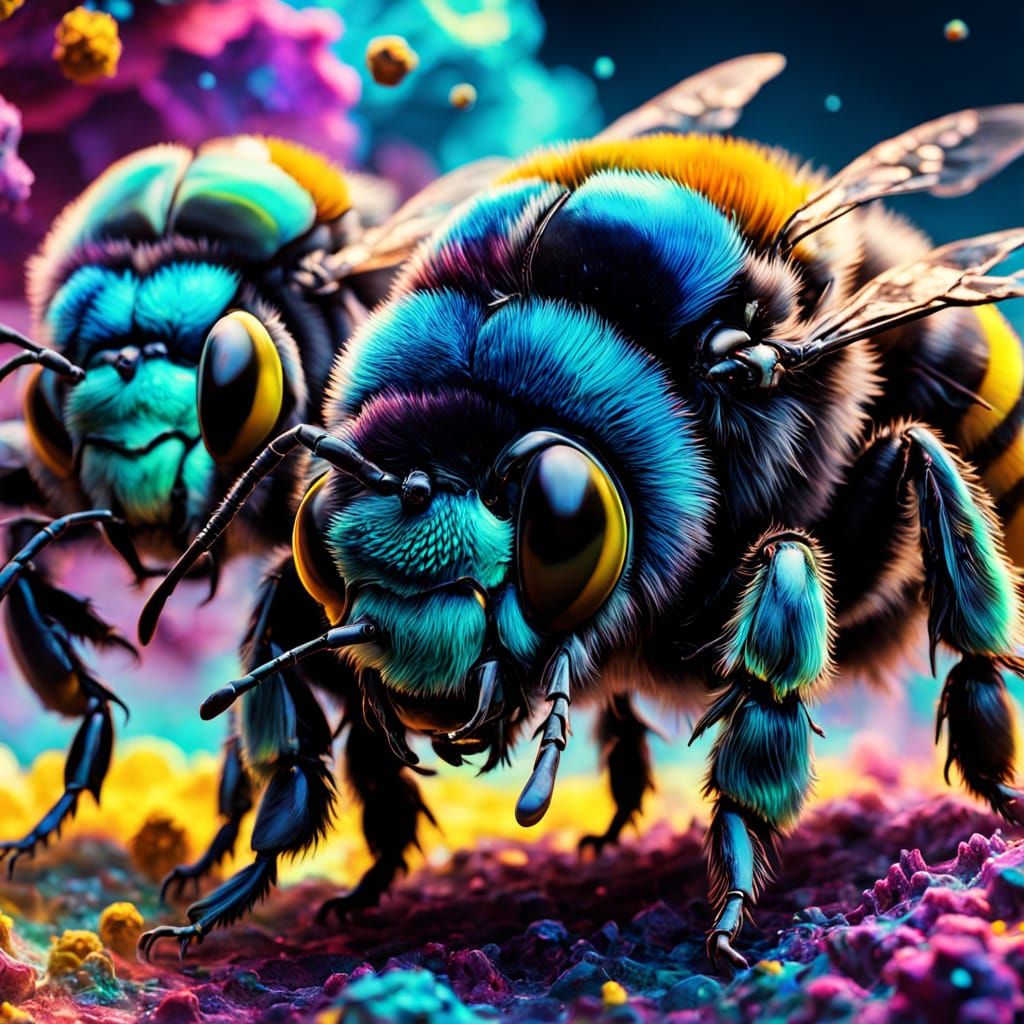 Surreal Cosmic Bees in Vibrant Iridescent Hues