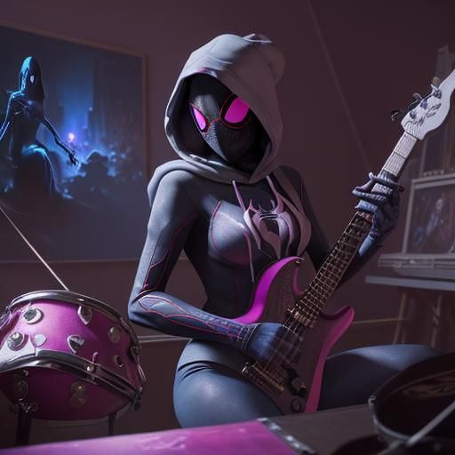 Spider-Gwen Playing Drums in Her Room