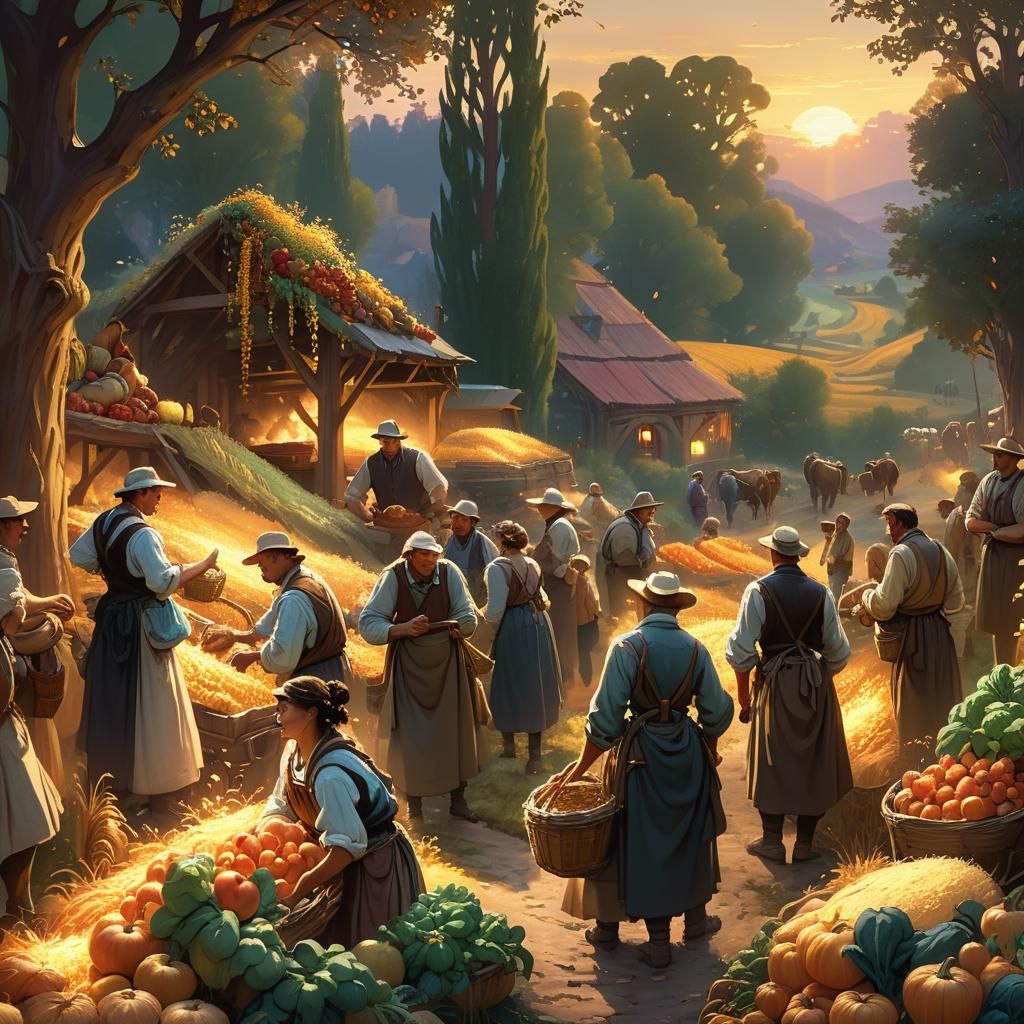Farmers Celebrate Harvest in Fantasy Landscape