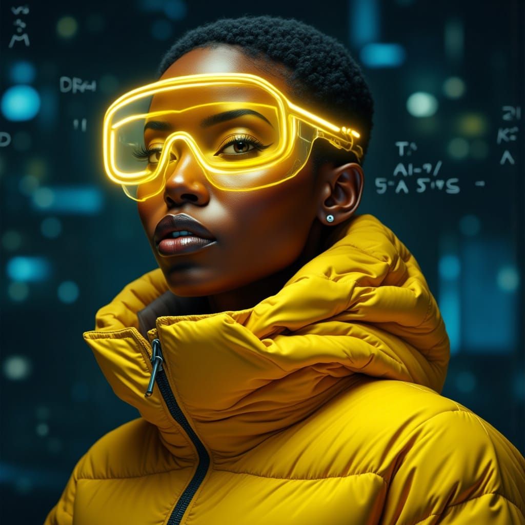 Woman Illuminated by Neon Math in Futuristic Portrait