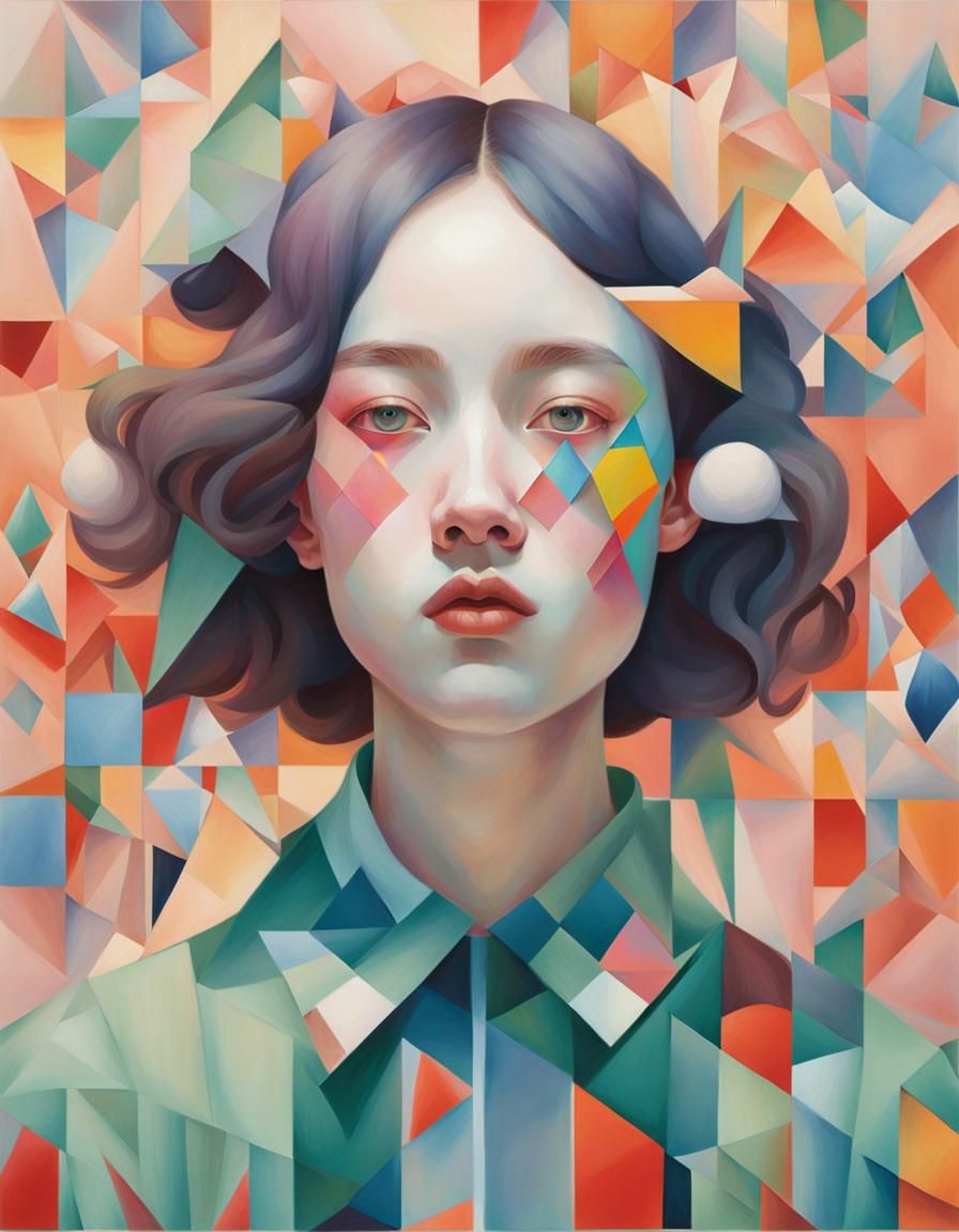 Abstract Cubist Harlequin with Triadic Color Palette