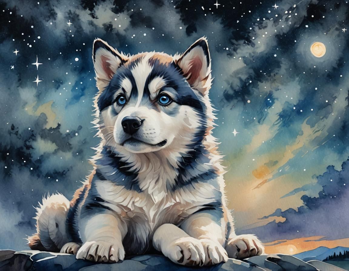 Husky Puppy Gazing at Starry Night Sky in Gouache Style