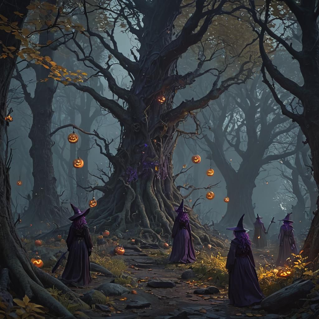 Spooky Forest Scene with Witches and Ghosts