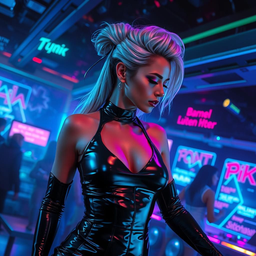 Futuristic Woman Dancing in Neon Club, Synthwave Style