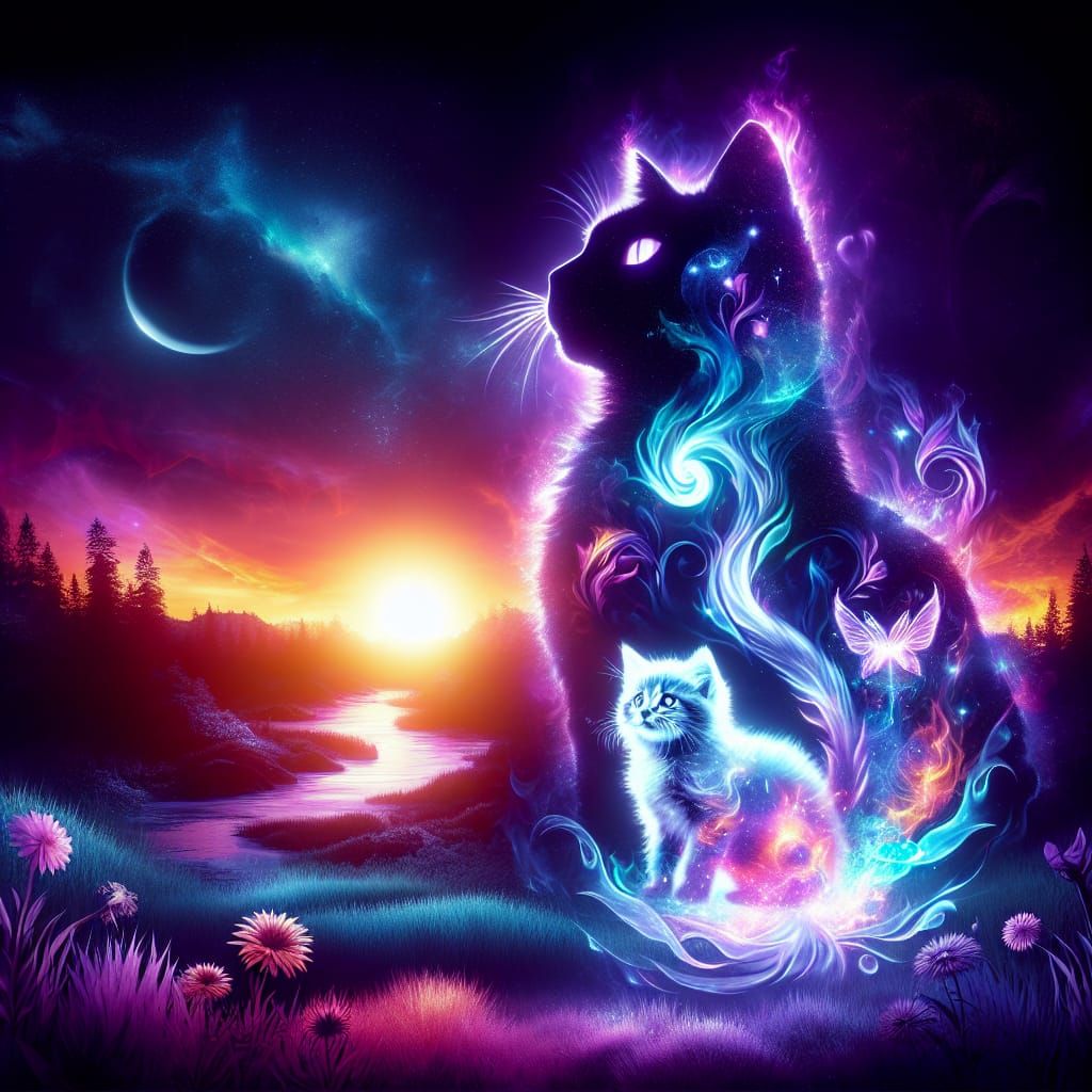 Colorful Double Exposure: Cat Silhouette with Patronus