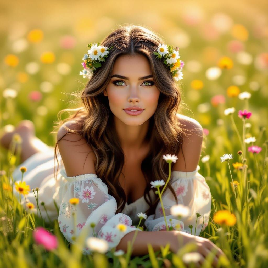 Woman in Wildflower Meadow: Art Nouveau Style