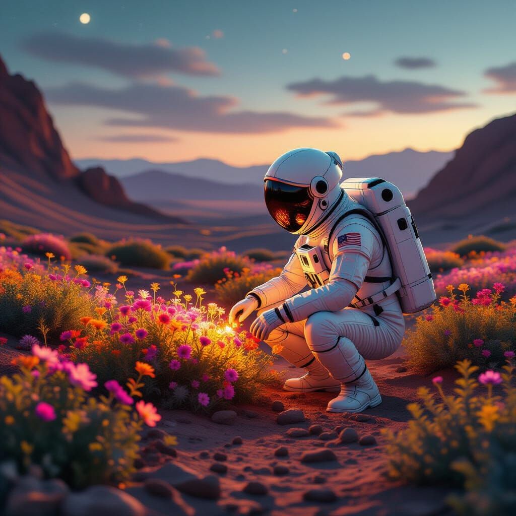 Astronaut Tends Alien Garden on Mars, Retro-Futuristic Style