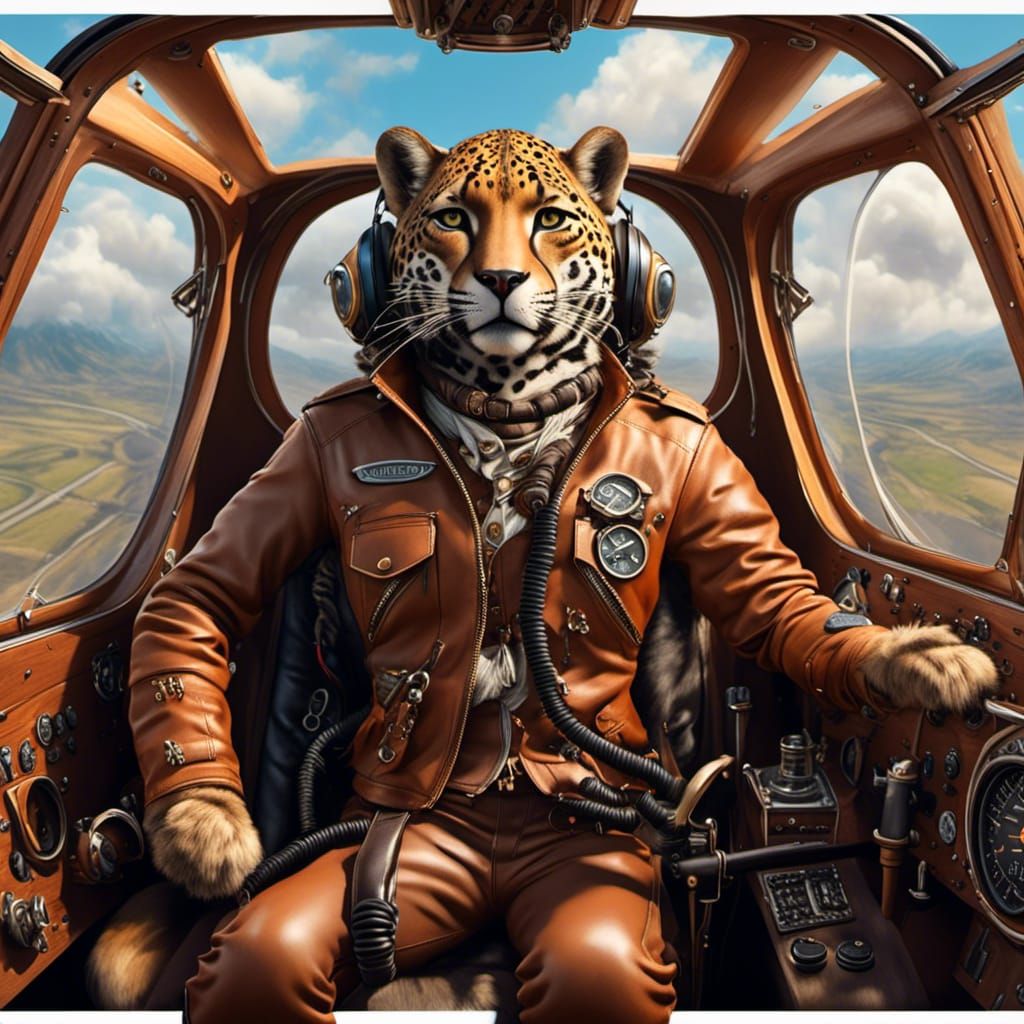 Anthro Jaguar Pilot in Fantasy Plane