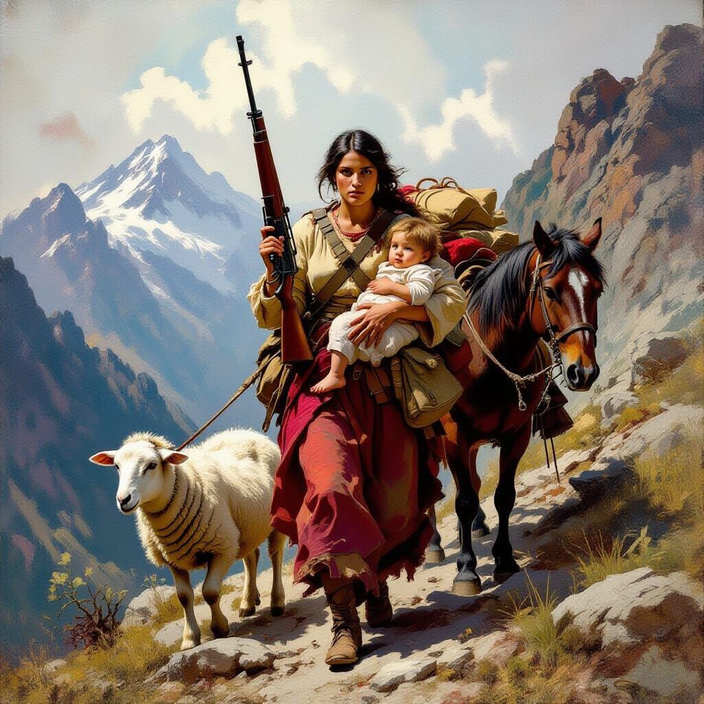 Romani Mother With Rifle Climbs Dangerous Mountain