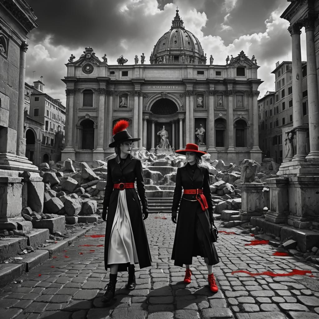 Woman in Black and White Rome Photo with Red Accents