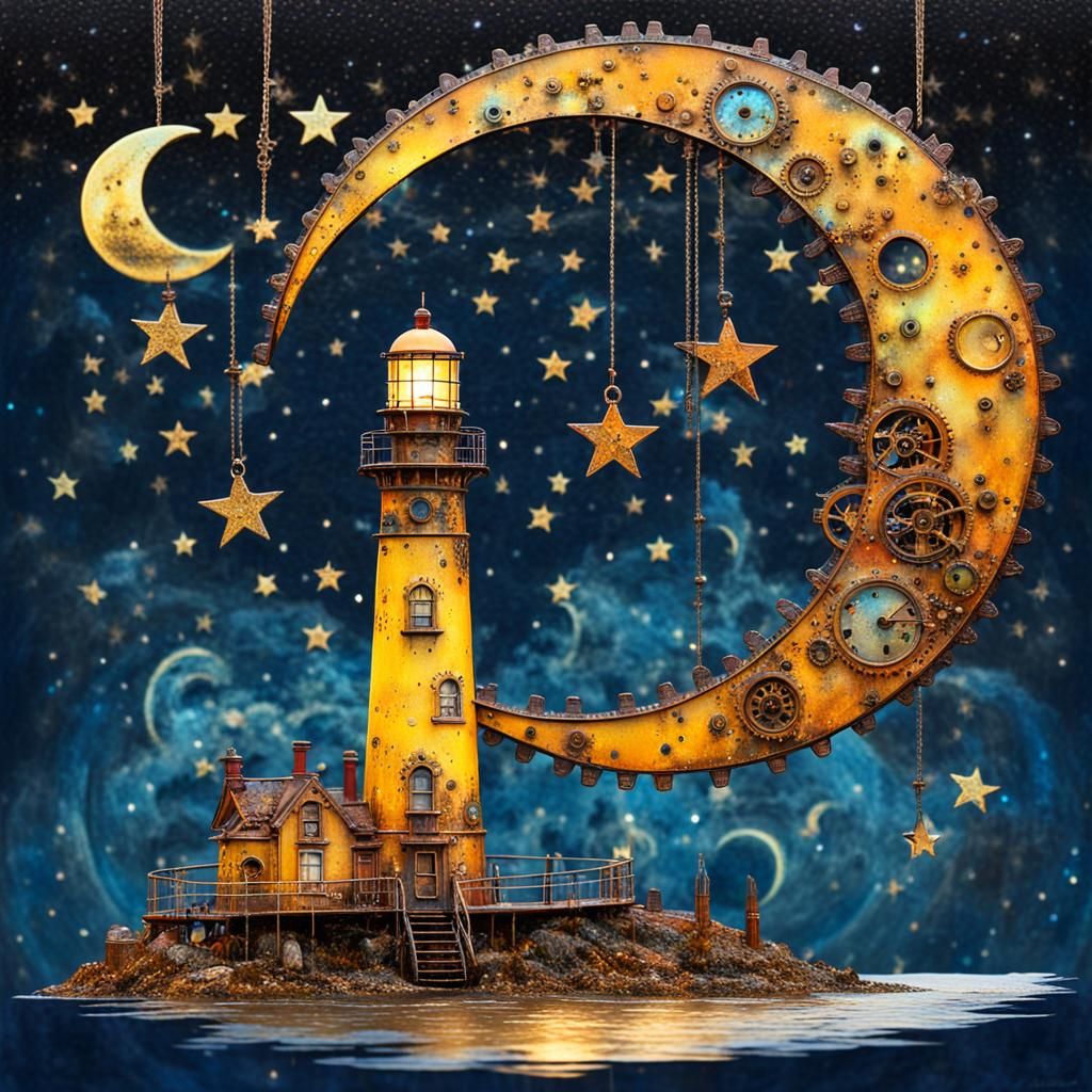 Scrappunk Steampunk Crescent Moon Double Exposure
