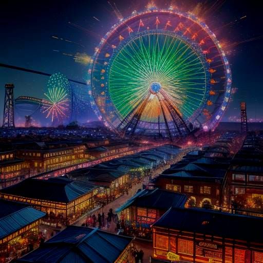 Anime Amusement Park With Rollercoasters and Ferris Wheels