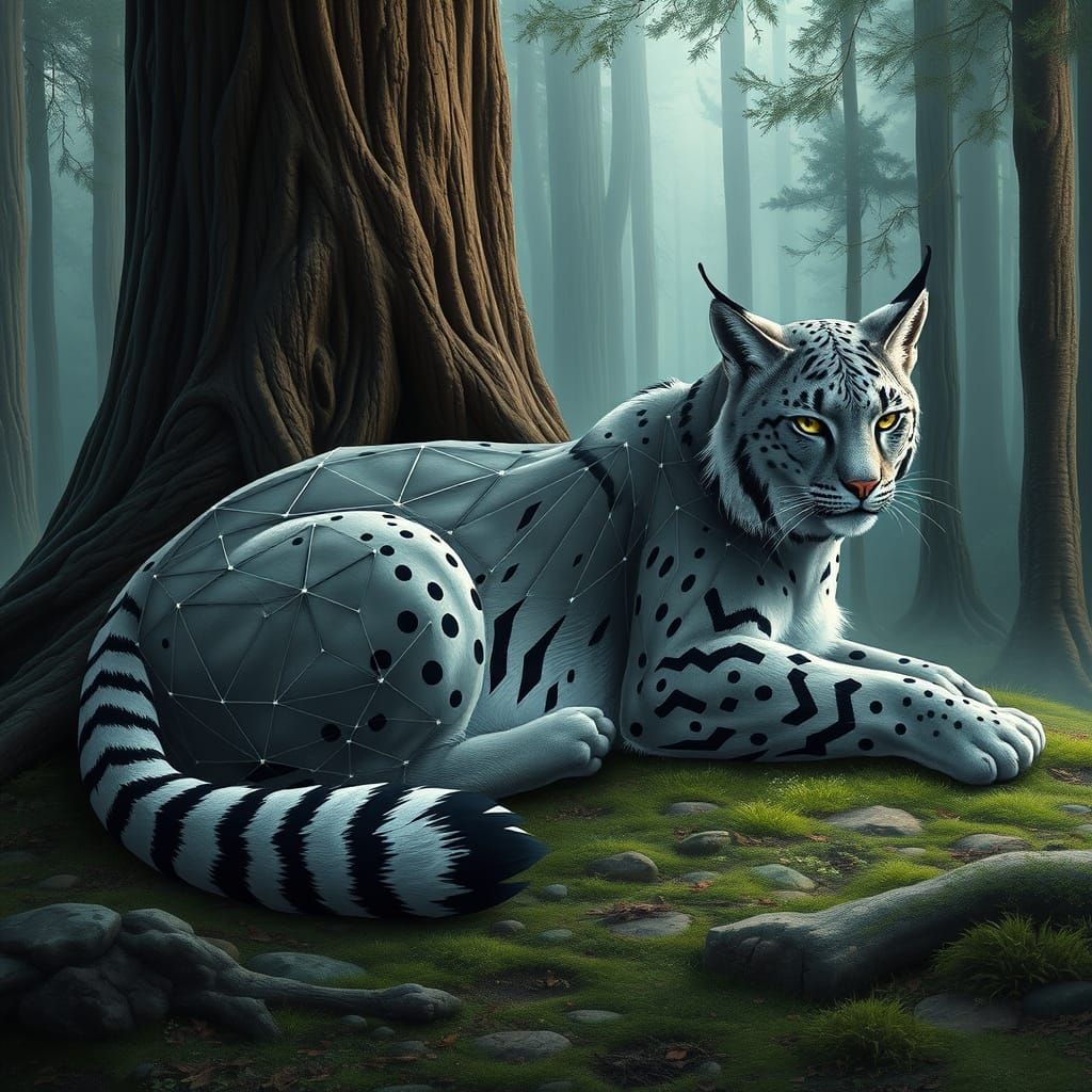 Elegant Grey Geometric Lynx in Mystical Forest
