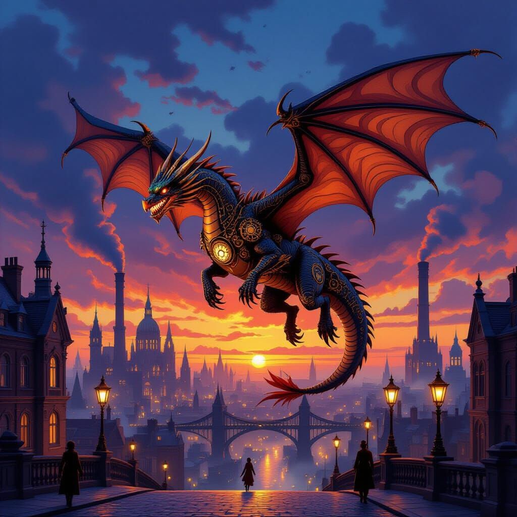 Steampunk Dragon Battles Amazon Queen in Victorian Cityscape...
