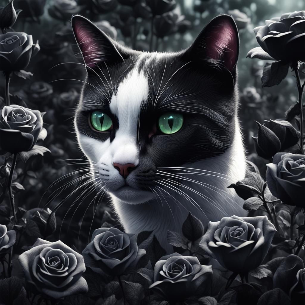 Black and White Cat in Black Rose Garden