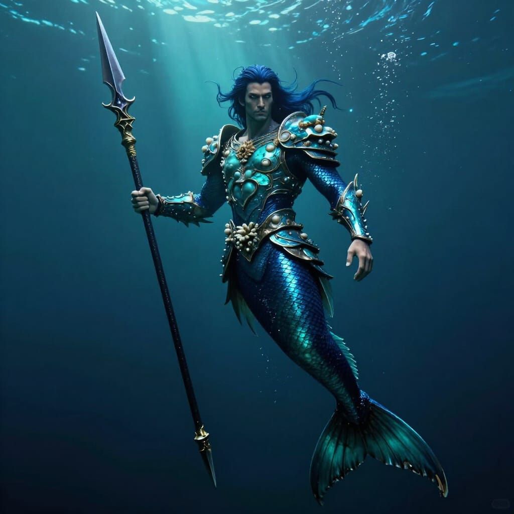 Merman Warrior in Dark Ocean Depths