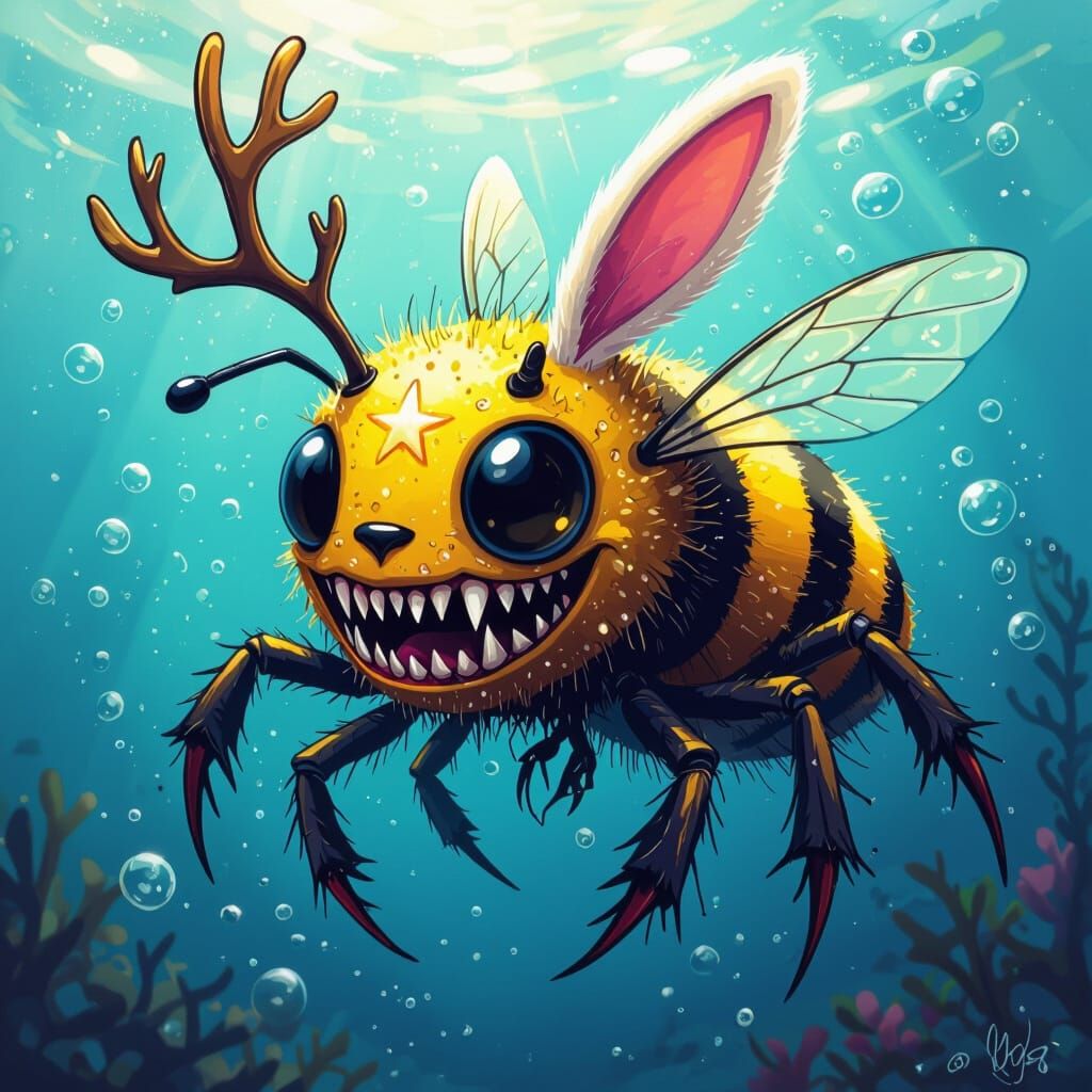 Surreal Bee Creature with Starfish Face, Underwater