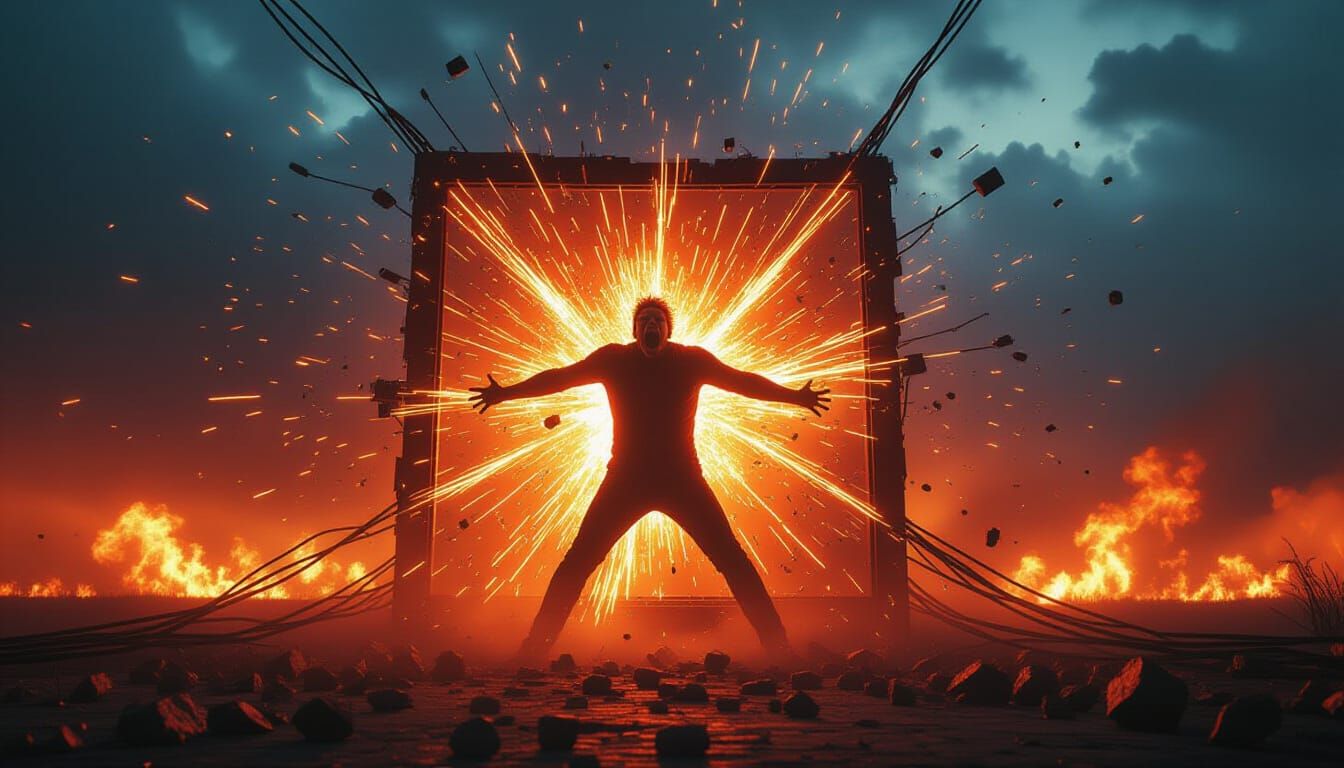 Screaming Figure Shatters Digital Screen in Fiery Explosion