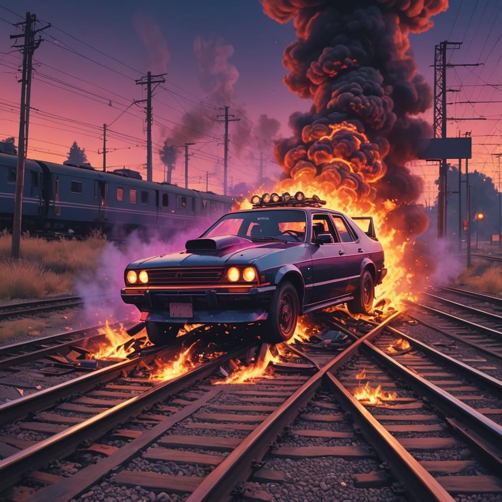 Car Train Collision: Synthwave Neon Catastrophe
